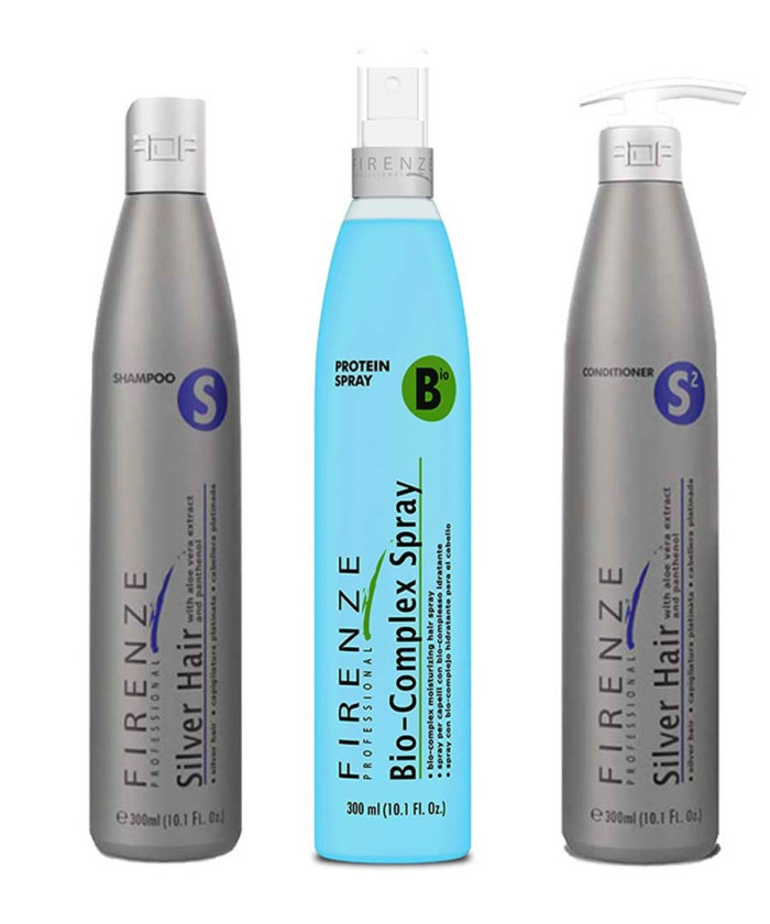 Firenze Professional Color Protection TRIO - Silver Hair Shampoo, Conditioner & Bio Complex Protein Spray